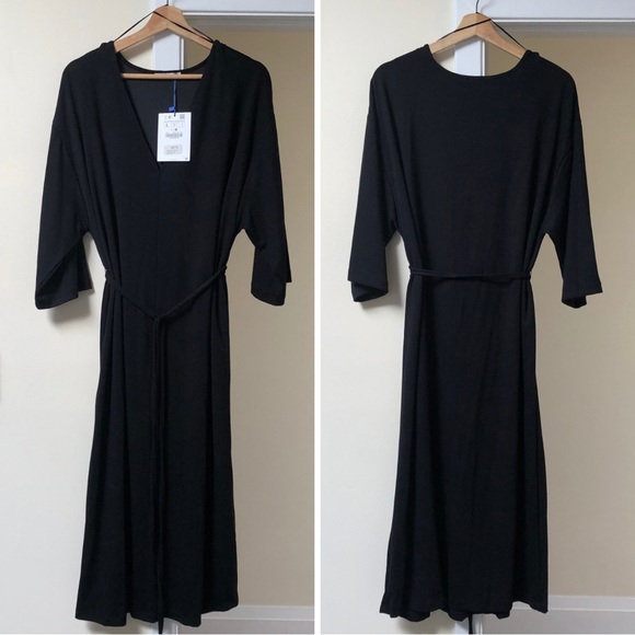 Zara dress with belt 🖤 midi length v neck kimono sleeve straight cut 🖤 black L - Picture 10 of 16